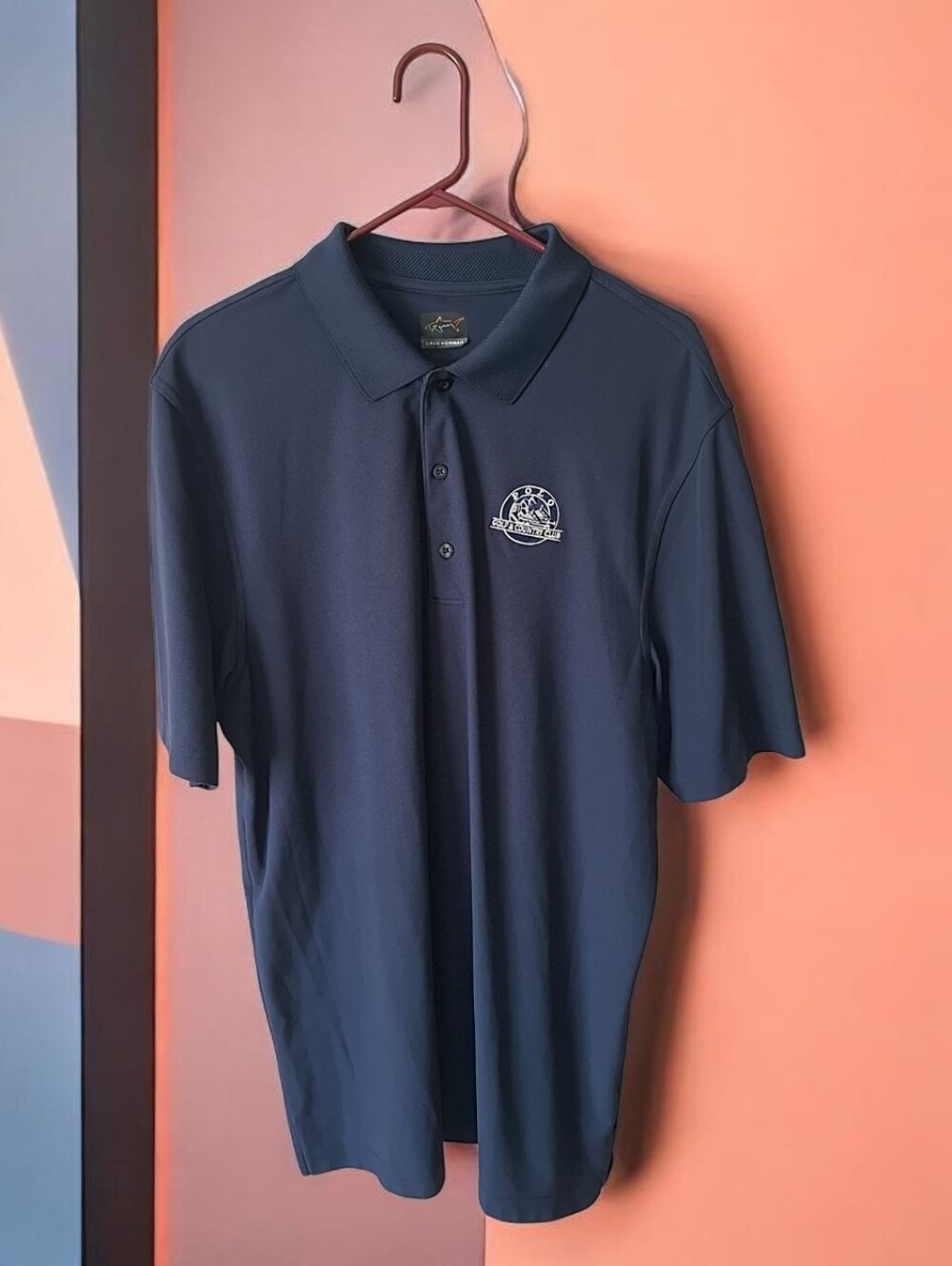 Greg Norman Men's XL Blue Solid Short Sleeve Collared Button Polo Shirt Logo